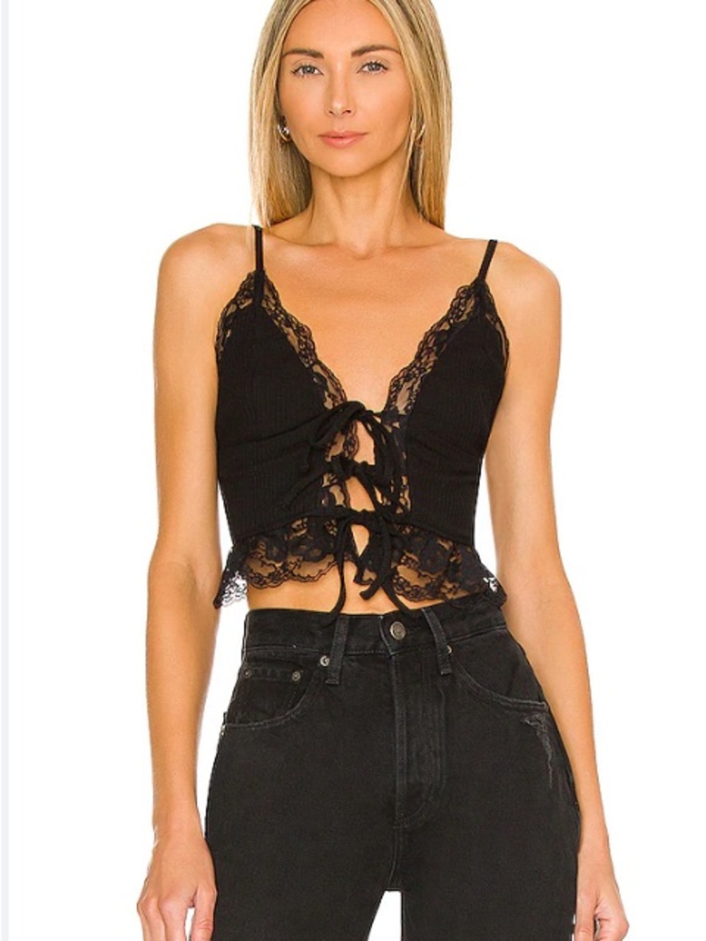 Superdown Avery lace -Trim Tie-Front Black Crop Cami Top